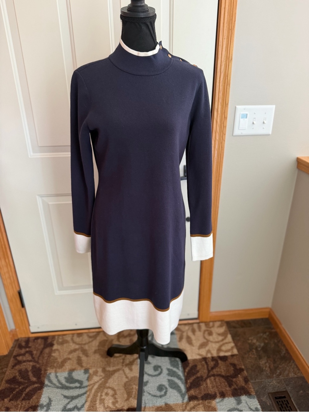 New Ann Taylor blue cotton colorblock mock neck sweater dress. Size medium.